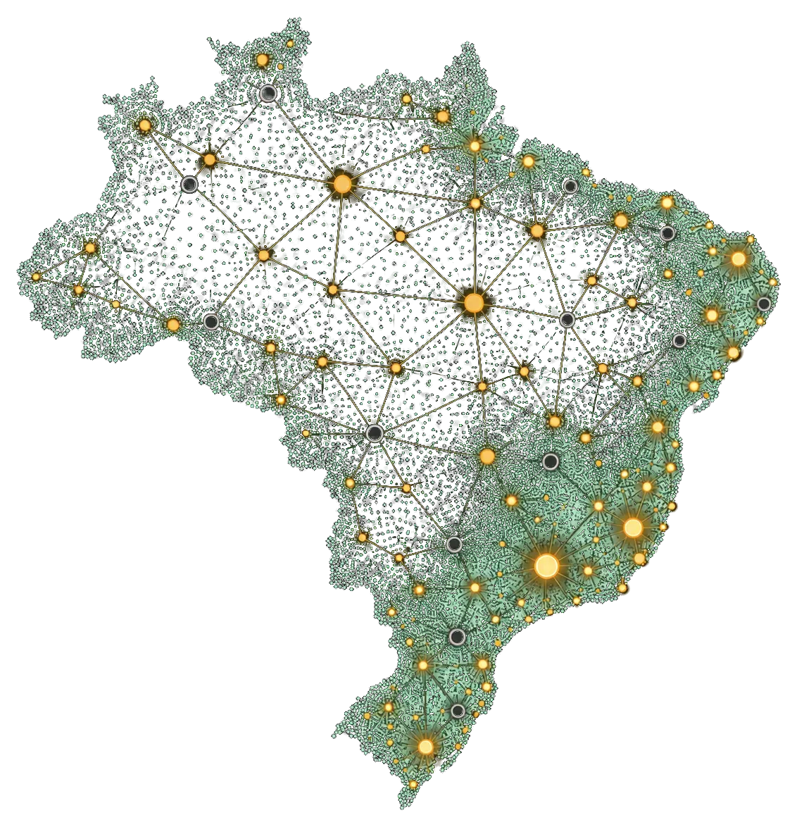 Mapa do Brasil formado por pontos, com uma rede de cidades acesas em dourado e algumas apagadas.