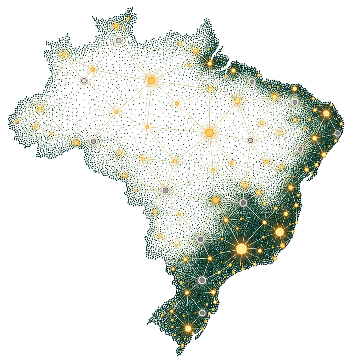 Mapa do Brasil formado por pontos, com uma rede de cidades acesas em dourado e algumas apagadas.